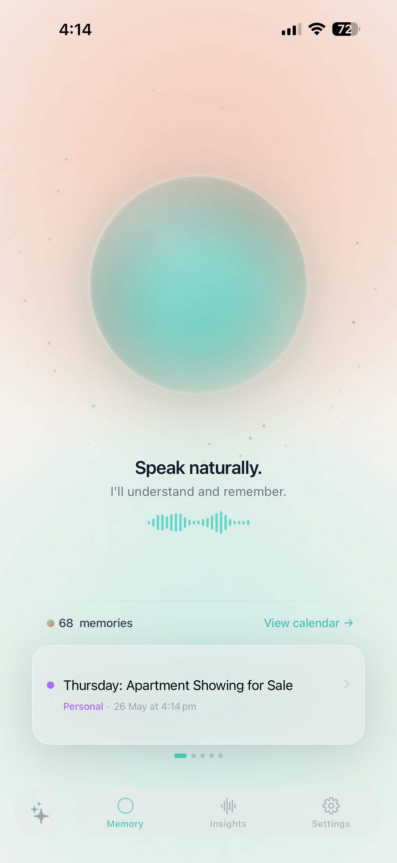 Norren app — Speak naturally screen with 68 memories